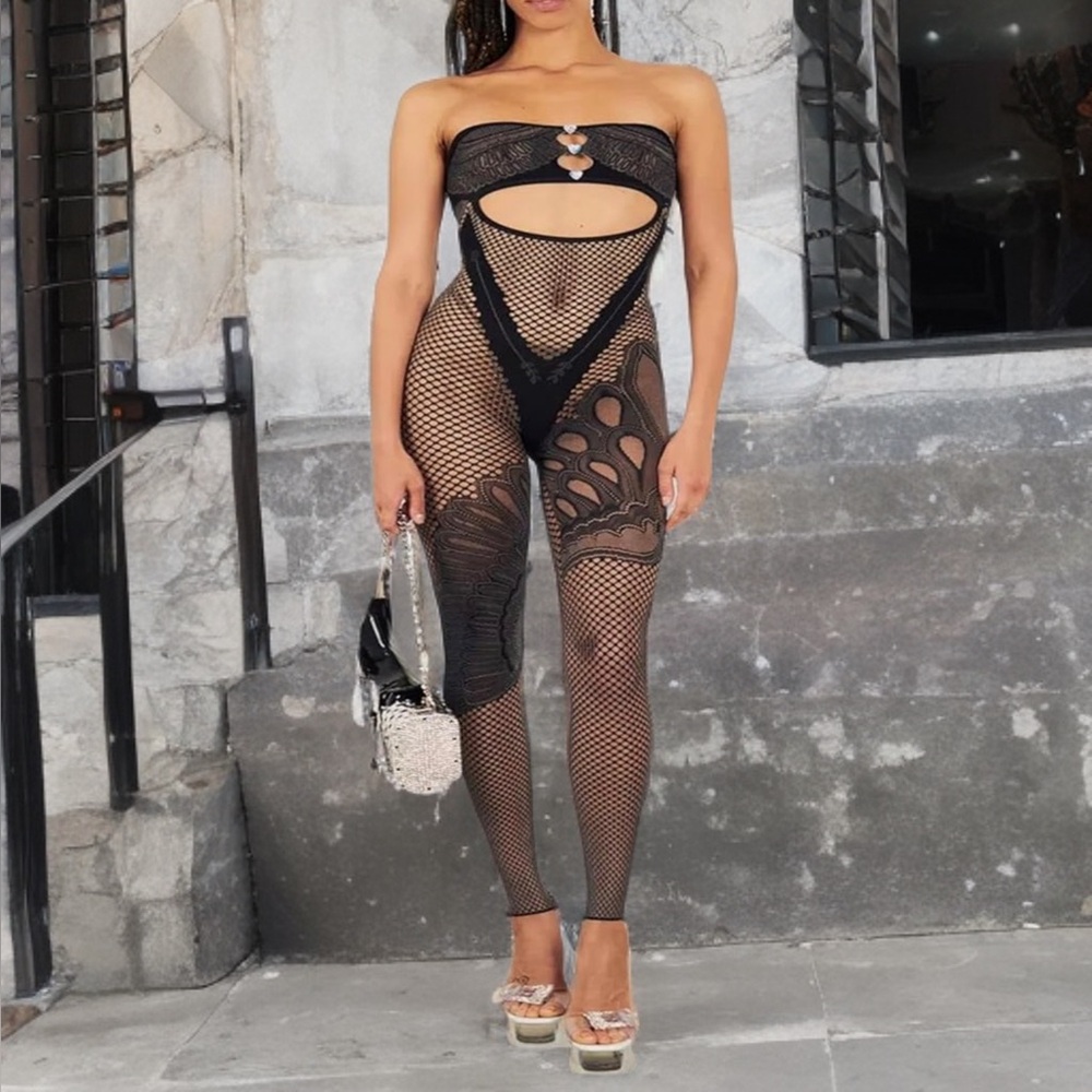 Black Fishnet Cutout Bodysuit Mesh Sleeveless Sexy Bodycon XS S Ultra Stretchy